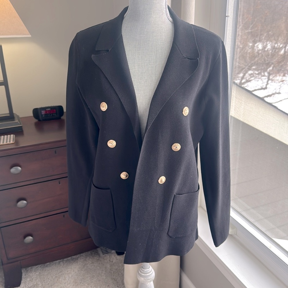 Sioni Black Double-Breasted Button Sweater Blazer